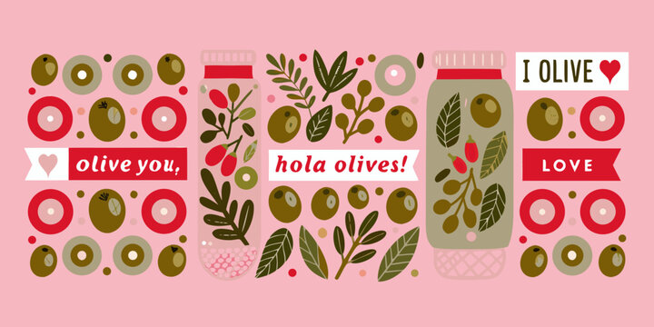 Olive branch and fruit pattern with text on a pink background