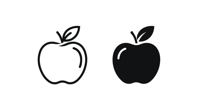 Simple black and white apple icons in outline and solid fill for design elements or healthy eating concepts