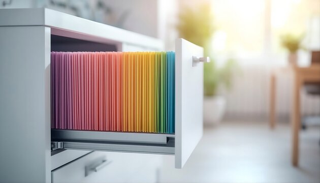 Open white filing cabinet drawer filled with organized, colorful hanging folders in a bright office background