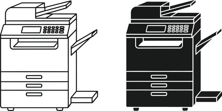 Two stylized vector graphics of a modern office multifunction printer machine for copying scanning and printing documents