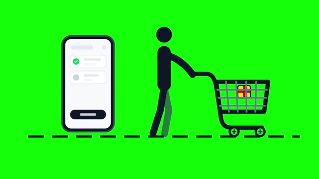 Stick figure pushing shopping cart next to smartphone in minimalist flat design on green screen chroma key background in digital vector format for mobile e-commerce explainer video

