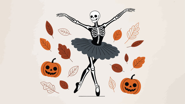 Elegant skeleton ballerina dancing en pointe among scattered autumn leaves and cheerful carved pumpkins