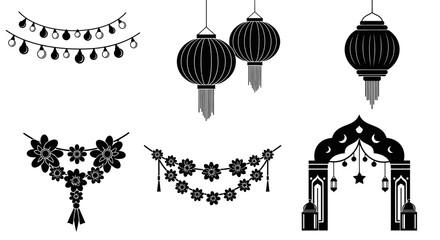 Naklejka premium Black Silhouette Floral Garland with Lanterns and Tassels