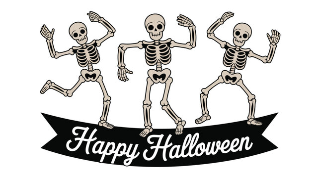 Joyful cartoon skeletons dancing on a Happy Halloween banner for holiday celebrations