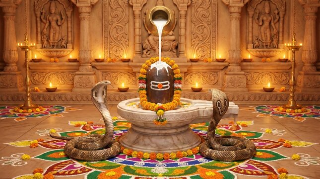 Two cobras pouring milk over a Shiva Lingam during a sacred ritual for Nag Panchami, symbolizing divine blessings and protection with offerings and decorative happy nag