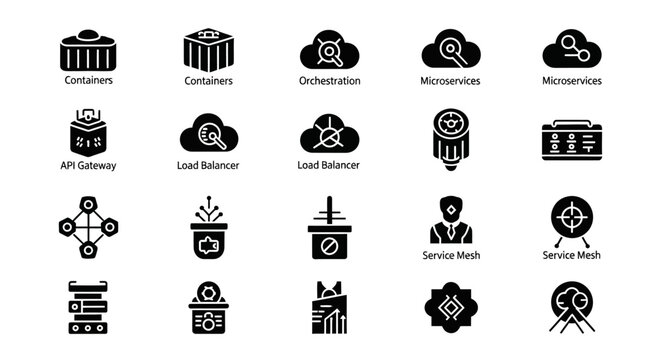 Cloud Computing Icons: Microservices, API Gateway, Load Balancer, Containers, Network Architecture