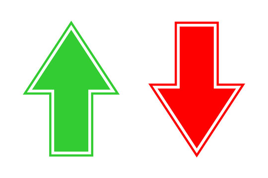 Green Up Arrow and Red Down Arrow Vector Icons Isolated on Transparent Background, Direction Indicators, Growth and Decline Symbols, Navigation Sign Set