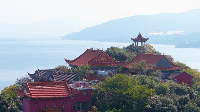 Aerial view of Lu Cong Scenic Area in Fuxian Lake, Yunnan Province