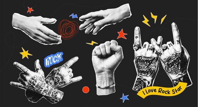 Halftone torn paper hands in various gesture, rock sign, doodle collage elements