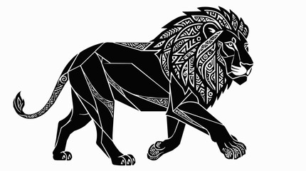 Obraz premium A majestic tribal lion ornament silhouette of a walking predator featuring intricate ethnic patterns for tattoo and logo design.