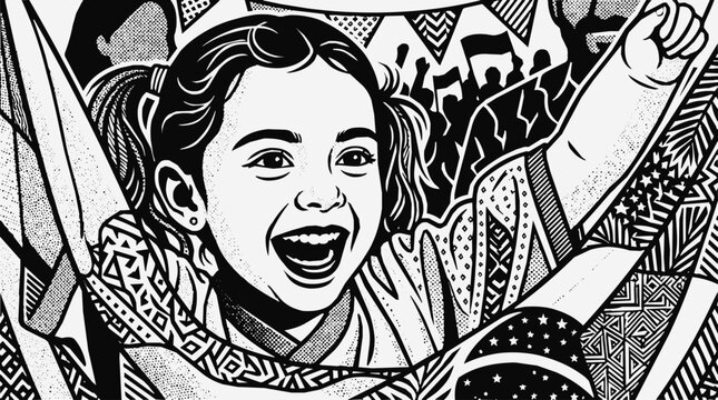 A Joyful Palestinian Girl Raising Her Fist in Resilience During a Peaceful Protest Illustration