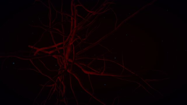 Abstract organic pathways branch out and glow with vibrant neon light gradients in a stylized 3D render exploring neural connectivity and data flow
