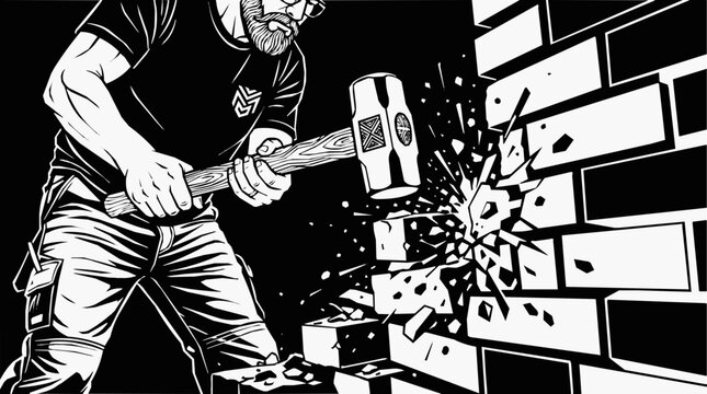Strong bearded man smashing a brick wall with a heavy sledgehammer during a home demolition and renovation in high contrast graphic style