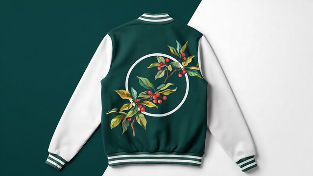 Green and white varsity jacket with leaves and red berries on back