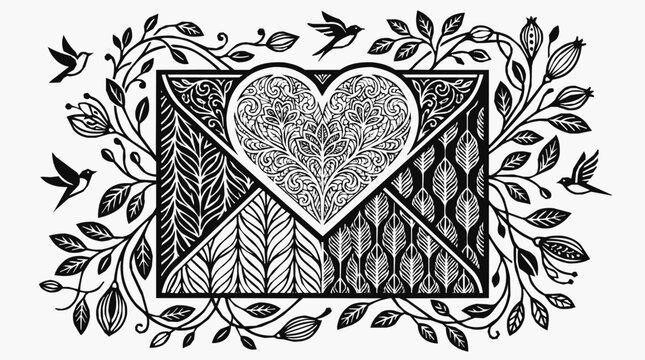 Intricate black and white illustration of an ornate envelope with a patterned heart, surrounded by floral vines and flying birds in a papercut style