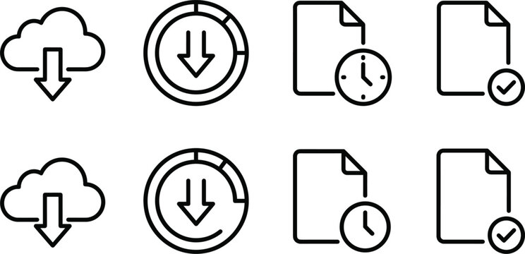 Cloud Download and File Transfer Progress Status Line Icon Set with Checkmark Symbols