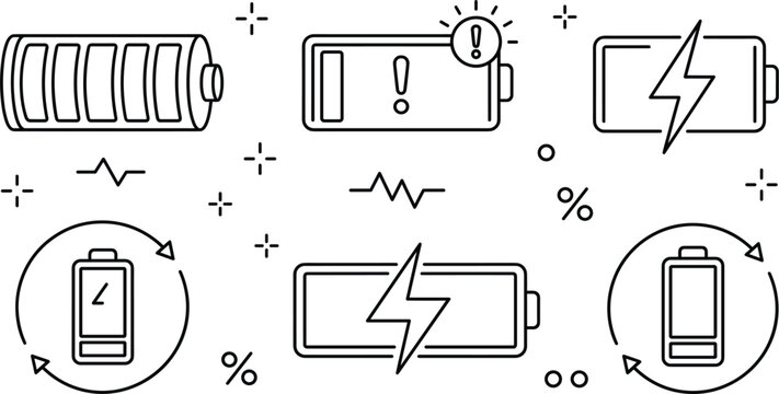 Battery Power Status Line Icon Set with Charging Indicator Low Warning Recycle Symbols