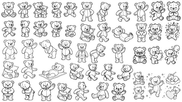 Different teddy bear vector poses collection featuring adorable cartoon characters, sketch outlines, playful expressions, creative design.