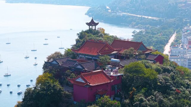 Aerial view of Lu Cong Scenic Area in Fuxian Lake, Yunnan Province