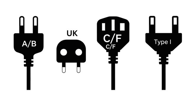 Diverse International Electrical Plug and Socket Types Vector Illustration: AB, UK, CF, Type I