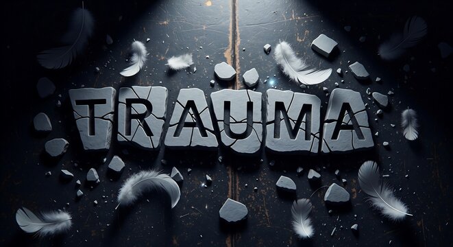Close-up of broken glass with the word 'TRAUMA' on dark background