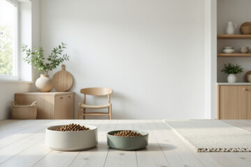 Naklejka na ściany i meble Pet food ceramic bowl wooden floor modern interior minimalist decor natural light cozy home dry kibble empty space Scandinavian style serene pet food scene with ceramic bowl wooden floor modern
