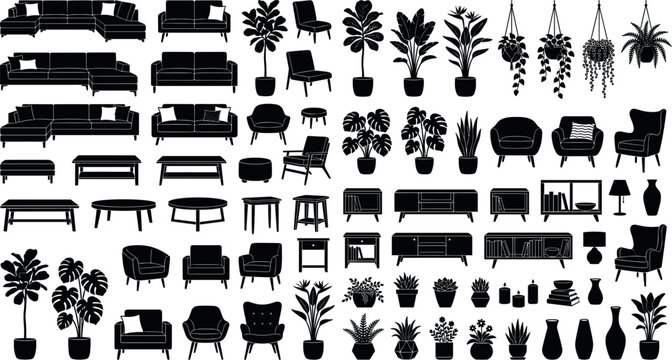 Home interior furniture silhouettes vector icon collection featuring sofas armchairs coffee tables shelves hanging planters house plants and vases on white background