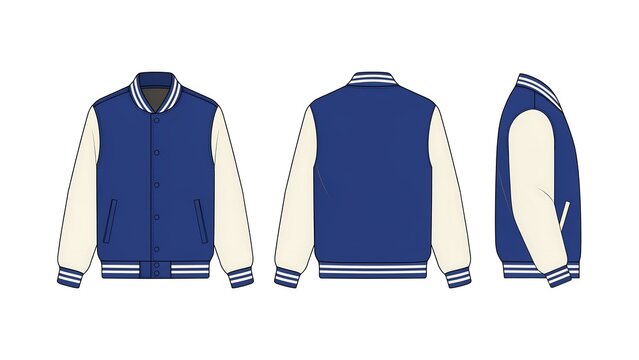 varsity jacket front and white sleeves and back side view  blue