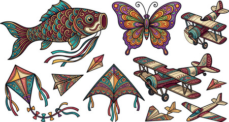 Vintage ornate vector illustration set featuring koinobori carp fish butterfly biplane airplanes paper planes and decorative festival kites on white background © MstYasmin