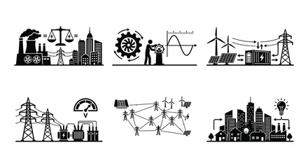 Fototapeta premium Energy Infrastructure Vector Illustrations Black And White Power Generation Concepts