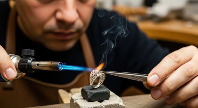 Man using torch to work on jewelry ring with tweezers on workbench stone