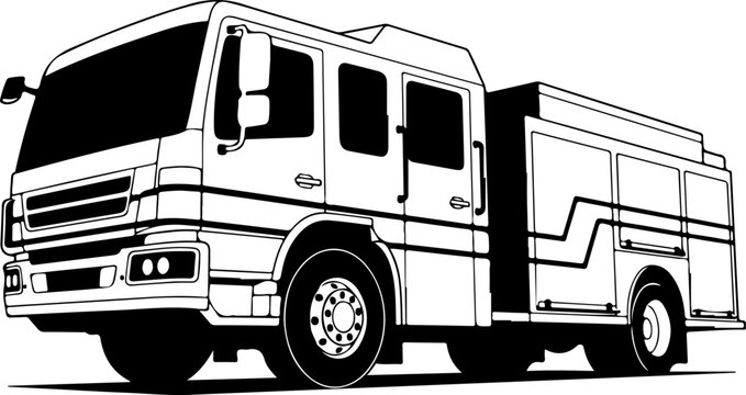 Fire truck, emergency vehicle, rescue transport, black and white illustration, vector graphics