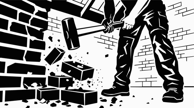 Strong worker using a heavy sledgehammer for breaking a brick wall during a home demolition project