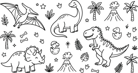 Cute Dinosaur and Prehistoric Landscape Line Icon Set with Volcano Palm Tree Symbols © MstBabli