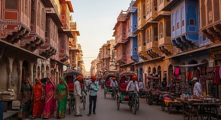 Naklejka premium Traditional rickshaws and women in colorful sarees on a street in Jaipur