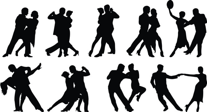 Tango Dance Couple Silhouette Collection Latin Ballroom Dancers Vector Set Isolated on White Background
