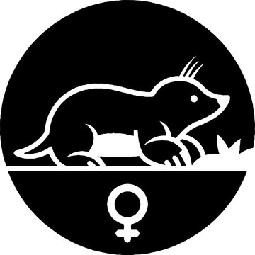 Black and white illustration of a female shrew with symbol.