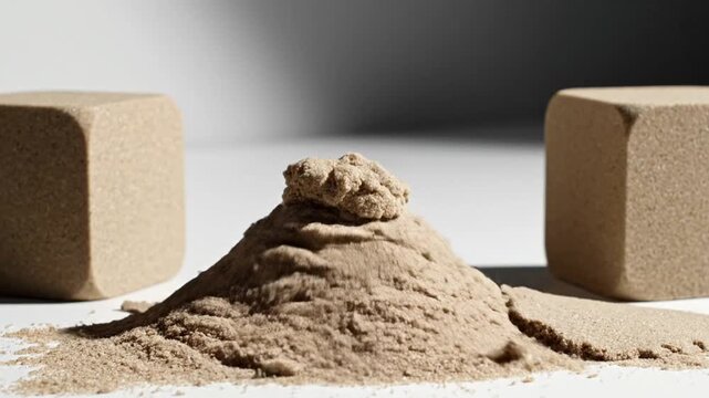 Close-up of a geometric sand cube disintegrating under a stream of falling sand while two adjacent cubes stay intact on a bright white minimalist background with deep shadows.