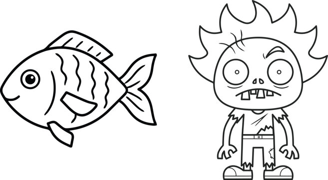 Cartoon fish and zombie head illustration with black lines on a white background for playful designs