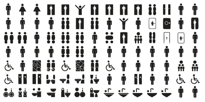 Collection of various public restroom and accessibility signs with icons of people and facilities restroom sign icon set public toilet restroom symbols gender symbols disabled access restroom