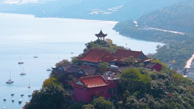 Aerial view of Lu Cong Scenic Area in Fuxian Lake, Yunnan Province