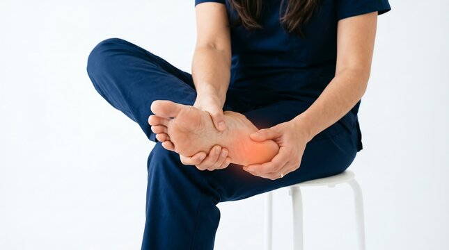 Medical professional massaging a painful heel with red glow
