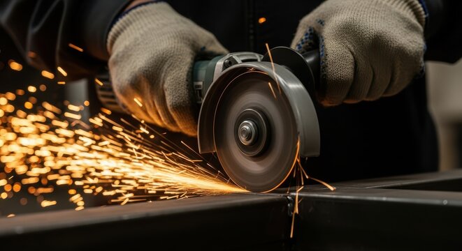 Skilled craftsman meticulously grinds metal with an angle grinder creating a shower of sparks