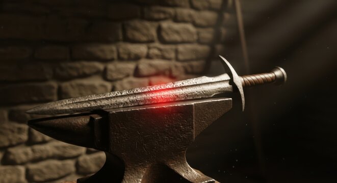 Master blacksmith forging a glowing sword on an anvil in a dimly lit workshop