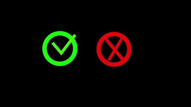 Green checkmark and red cross icon set animation, yes no sign symbol, check mark animation, check mark symbols. Modern right or wrong choice marks, Yes and No symbols choice,