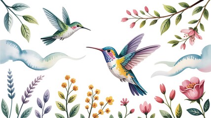 Fototapeta premium Colorful hummingbirds flying among delicate blossoms and green foliage on a bright background