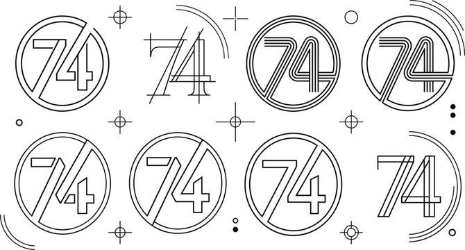 Number Seventy Four Monogram Logo Design Collection with Minimal Line Art Numeric Symbols