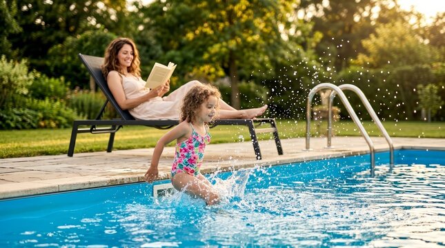 A young child in a one-piece swimsuit splashes into a swimming pool while a mother reads a book.