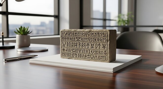 Stone tablet with ancient symbols sitting on a modern office desk