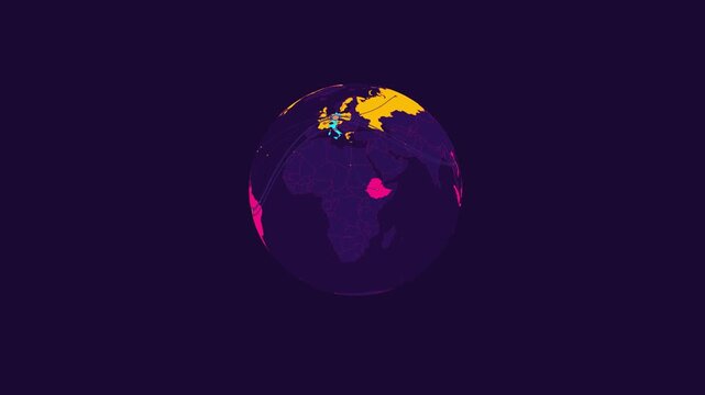Vibrant neon data arcs highlight global shipping pathways extending from European trade centers on a modern dark mode 3D earth infographic